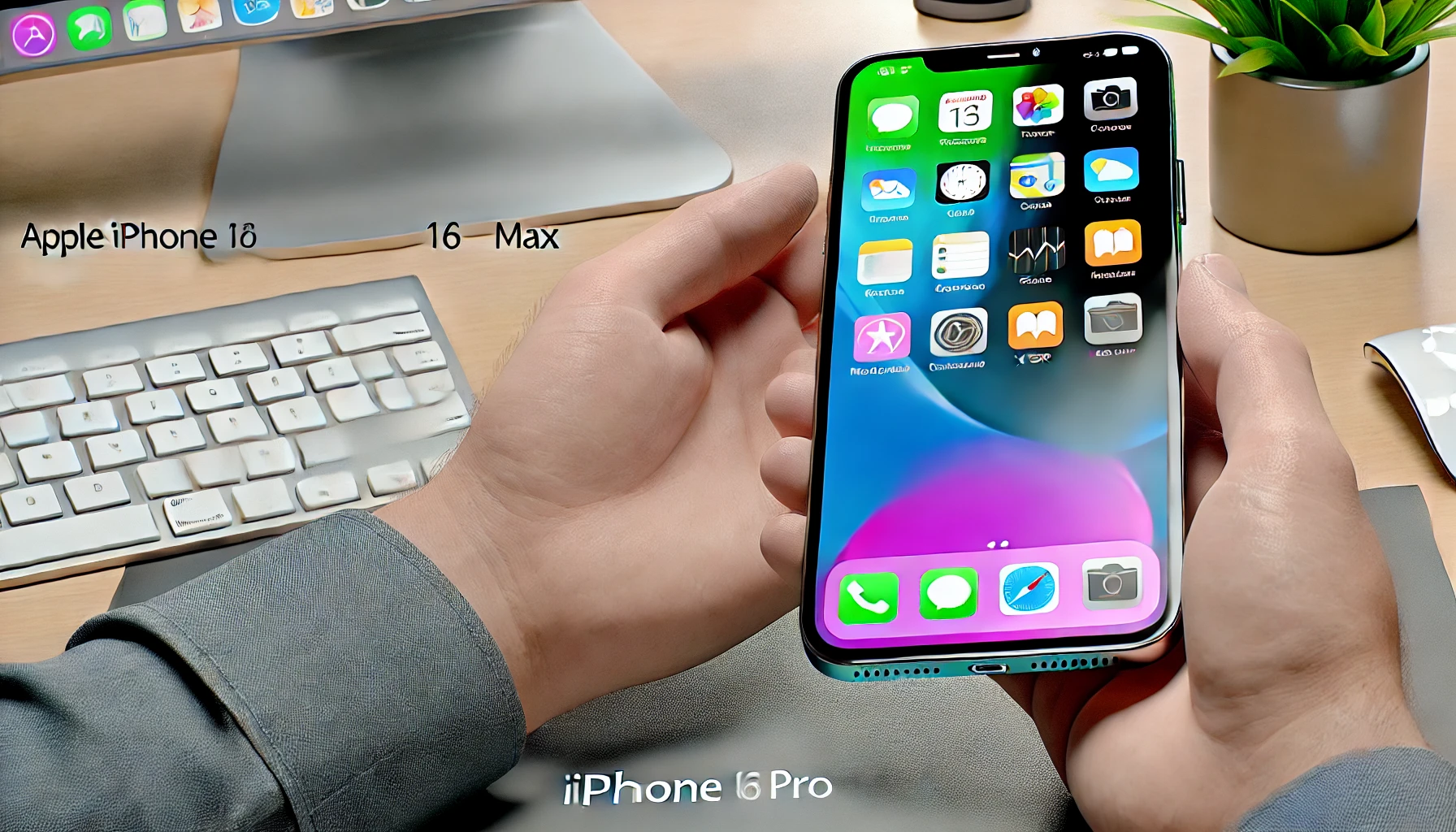 a person holding the Apple iPhone 16 Pro Max, showcasing the bright 6.9-inch Super Retina XDR display with icons and apps visible.