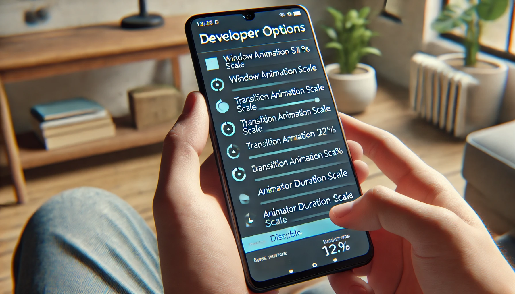 a person adjusting smartphone settings to disable animations in the Developer Options menu.