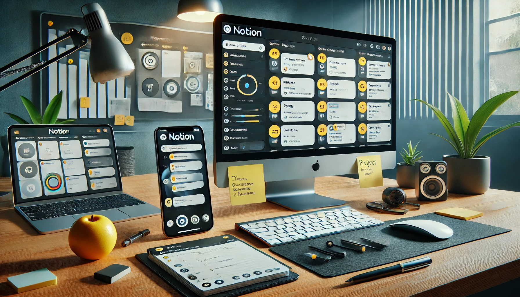A modern digital workspace displaying the Notion app interface on a smartphone and computer. The scene shows a user organizing tasks and notes in Notion, highlighting the app's versatility as a productivity suite.
