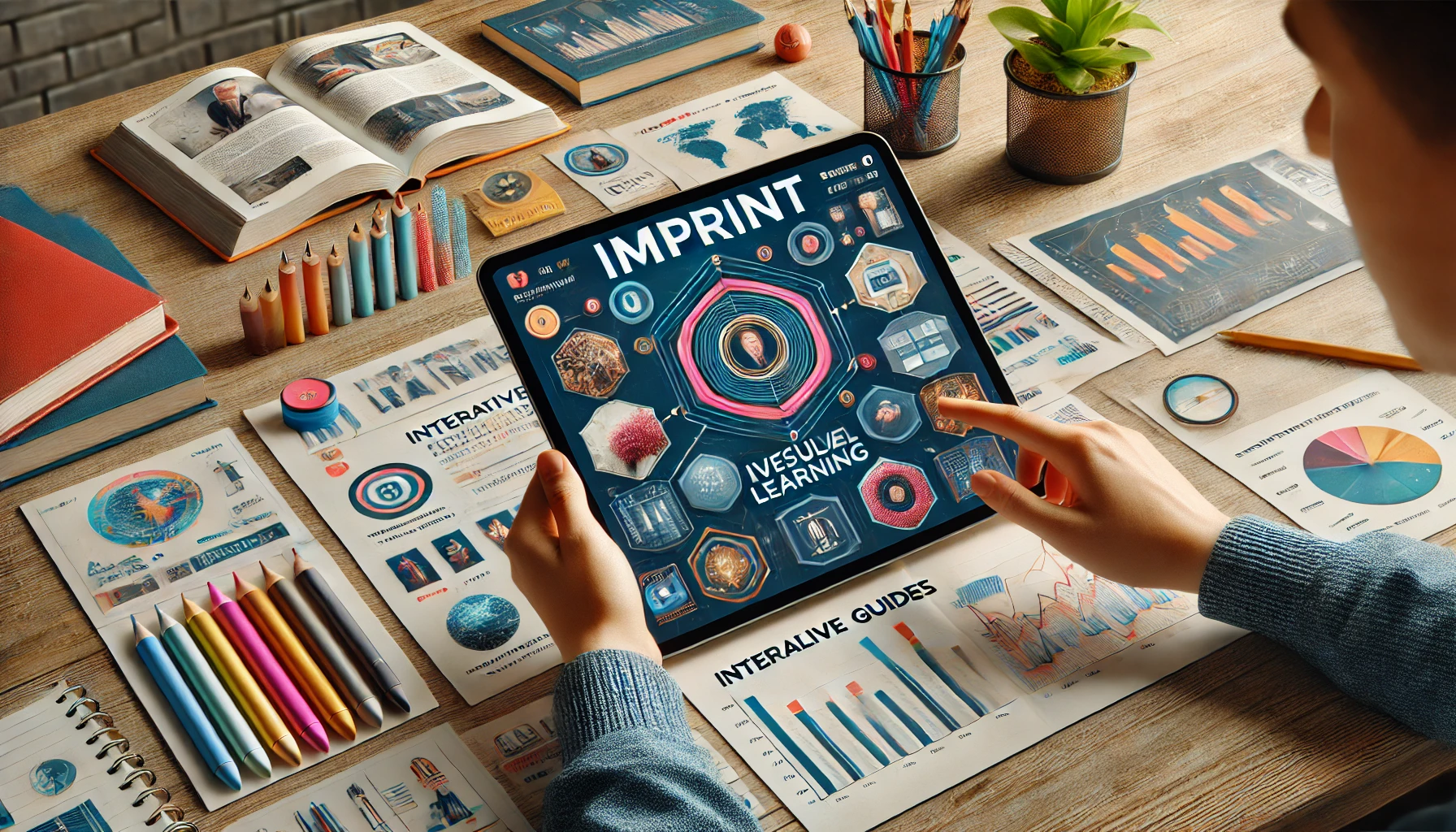 A modern learning environment showcasing the Imprint app on a tablet, surrounded by educational materials like books and notes. The scene highlights the app's visual learning features, with a user interacting with interactive guides and infographics on the screen.