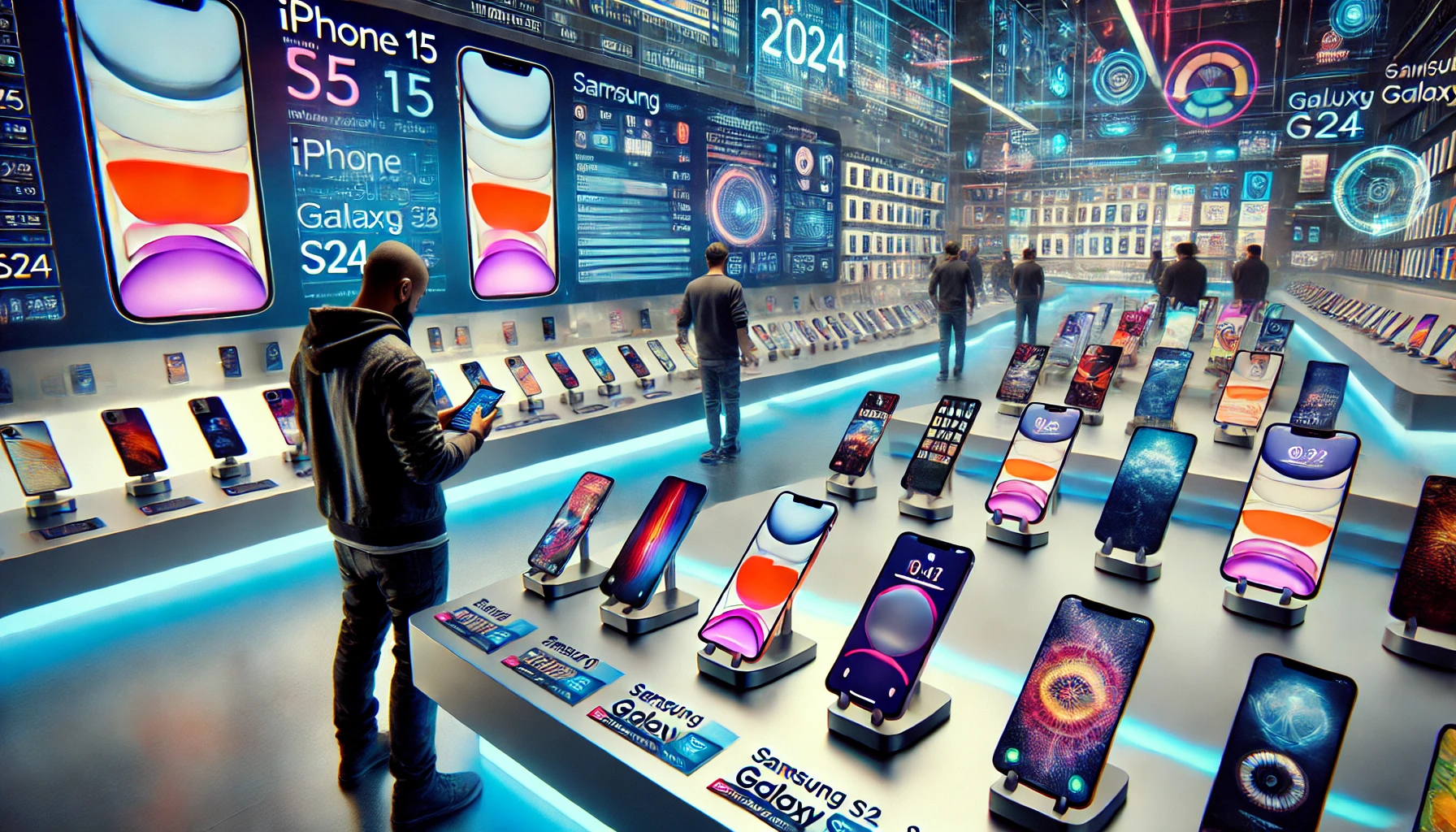 A tech enthusiast exploring the latest smartphones in a sleek, modern electronics store, highlighting various models like the iPhone 15 and Samsung Galaxy S24 on display.