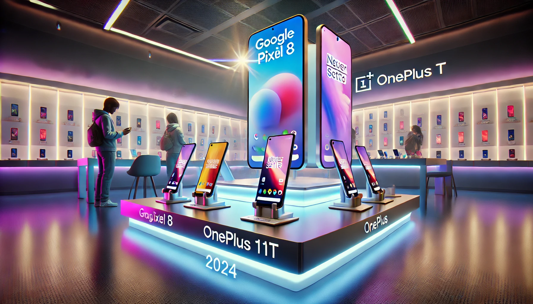 A vibrant display of the latest Google Pixel and OnePlus smartphones in a high-tech retail store. The scene features the Google Pixel 8 and OnePlus 11T models prominently displayed on sleek, illuminated stands with detailed spec cards beside each.