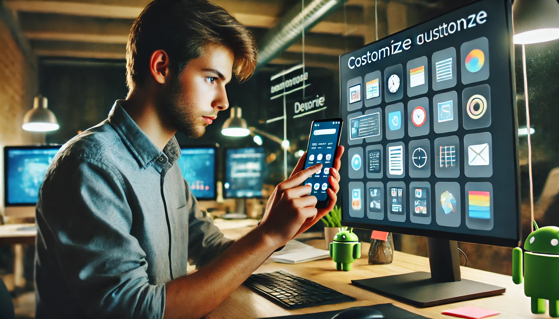 A young professional engaged in a smartphone tutorial, learning to customize their Android device. The scene depicts a well-organized workspace with a large monitor displaying step-by-step instructions for arranging apps and using widgets.