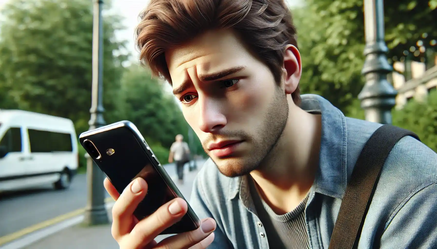 A man is looking at a smartphone with a puzzled expression. He appears concerned and thoughtful as he tries to find some details to return the phone to its owner.
