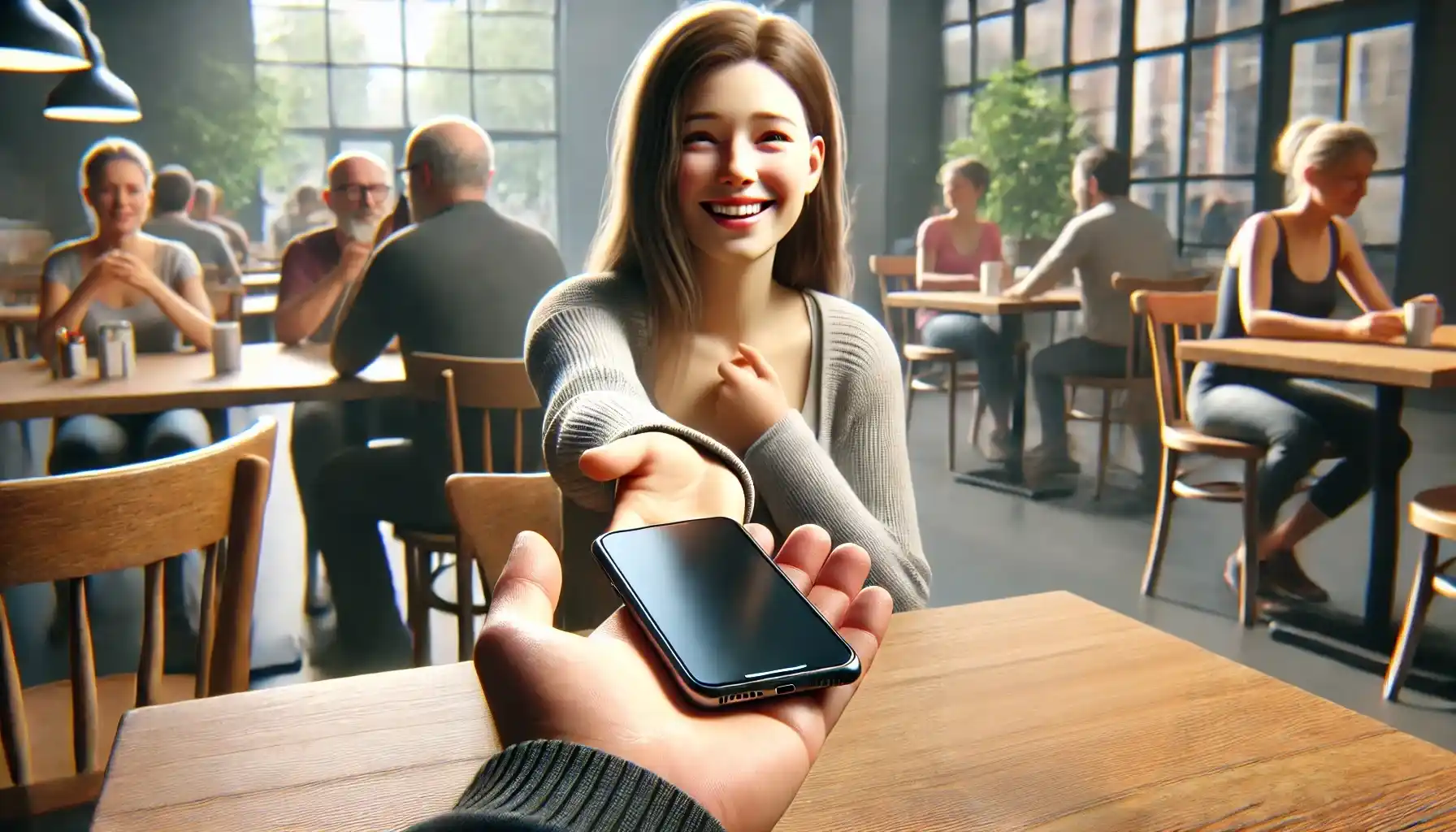 A person is handing a lost smartphone to its owner in a public place.